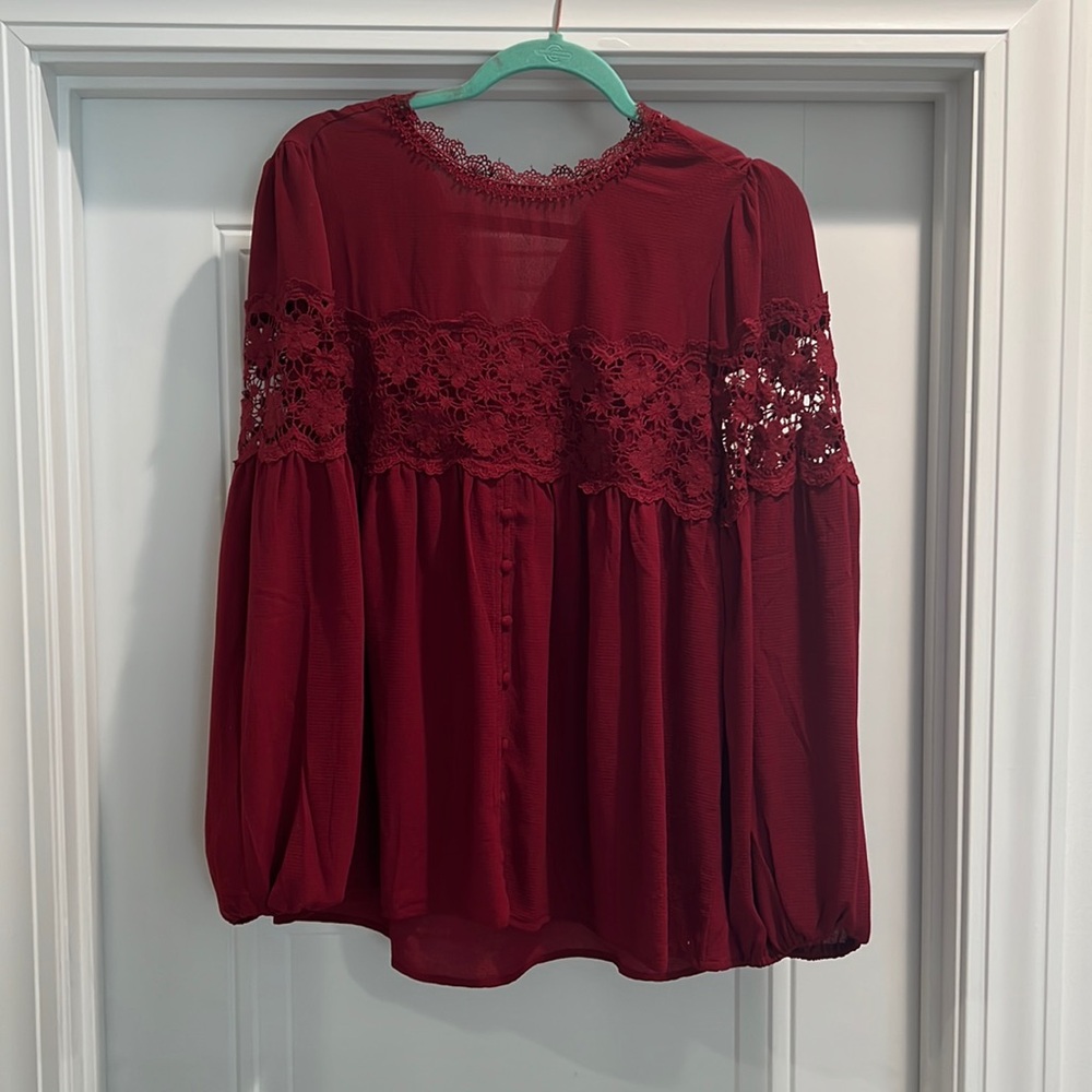 Burgundy Blouse with crochet detail on sleeve, from a Boutique size Medium